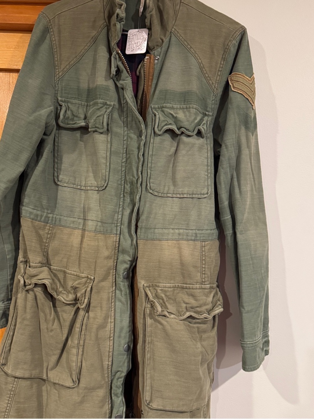 NWT Free People Olive Green Military-Style Women's Coat with plaid lining - Picture 4 of 11
